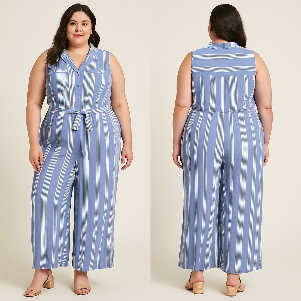 Naif Women’s Blue & White Striped Pantsuit – Size 1X Jumper Jumpsuit
